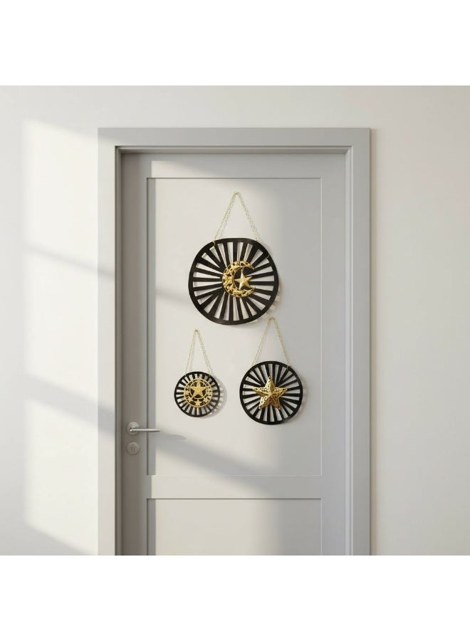 3-Piece Ramadan Metal Wall Decor Set - Black & Gold - Crescent & Stars Design with Hanging Chains - Image 3